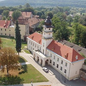 Вид згори на архітектурний ансамбль центру Жовкви з міською ратушею та територією замку